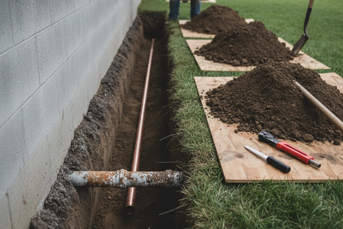 Excavated water line trench during Sewer Line Repair in Pattison